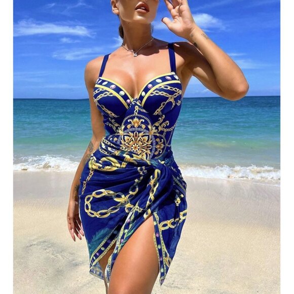 Push Up One Piece Chain Print Swimsuit With Beach Skirt - Picture 1 of 7